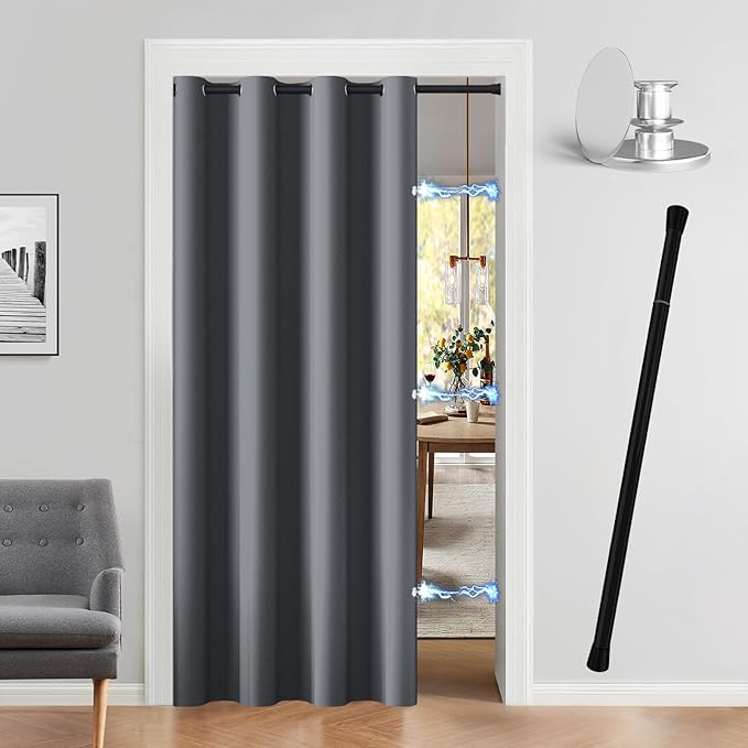 Vatge Magnetic Closet Curtain with Rod - W52 x L76, 1 Panel, Gray | Room Darkening Privacy Curtain for Entrance, Thermal Insulated, Quick Installation