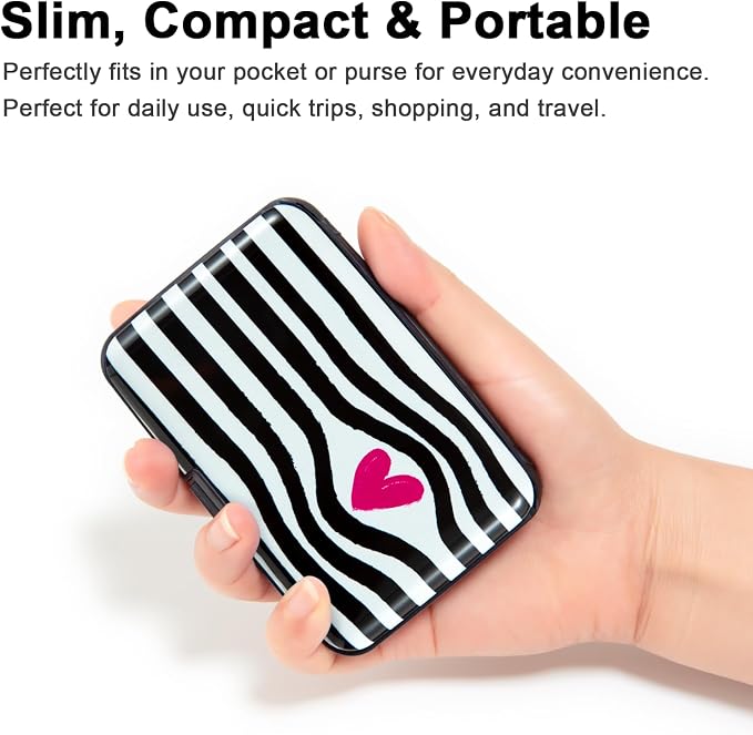Credit Card Holder for Women Men RFID Blocking Wallet Small Business Metal Slim Mini Aluminum Hard Case (Black White Striped Heart)