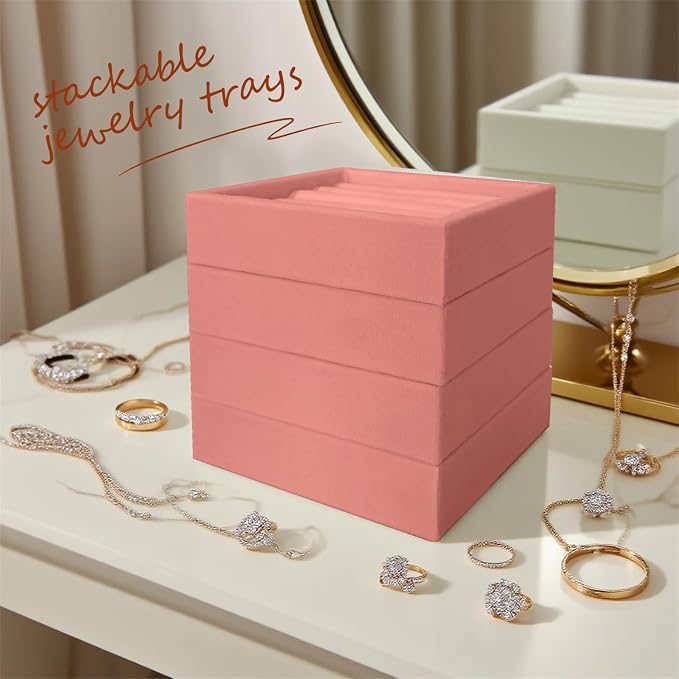 SCIKHETF Velvet Ring Earrings Studs organizer Tray Small Ring Insert Display Tray 5 Slots Stackable (Peach Pink)