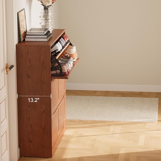 WoodsWhisper Solid Wood Shoe Cabinet for Entryway with 3 Flip Drawers, Narrow Shoe Organizer with Breathable Slatted Doors, Freestanding Hidden Shoe Rack for Hallway (Walnut, 39" W)