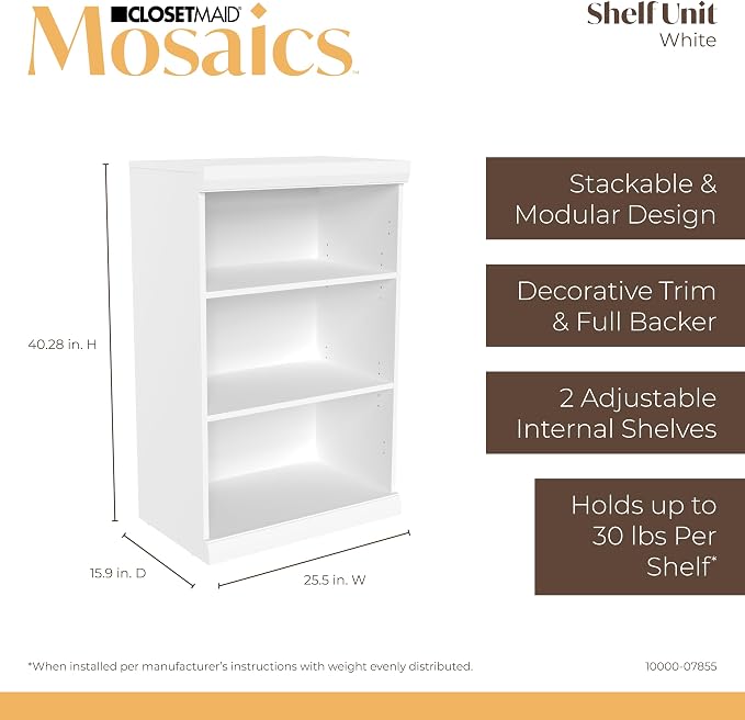 ClosetMaid Mosaics Storage Organizer Kit Includes; (1) 3-Shelf Unit, (1) 4-Drawer Unit, and (2) Shelf & Rod Units, White