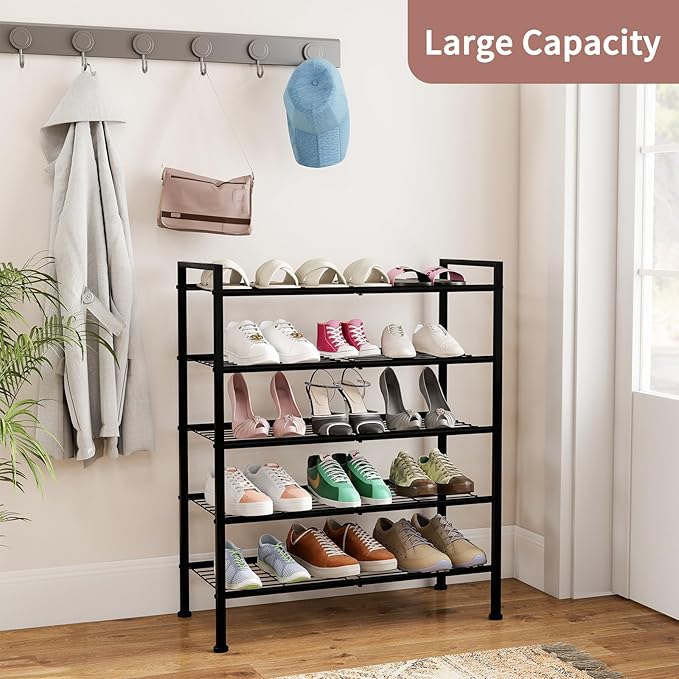 5-Tier Shoe Rack, Metal Storage Shelves for Closet Entryway | Tall Narrow Unit for Small Spaces, Multi-Purpose Organizer for Bedroom Garage, Easy Assembly, Black