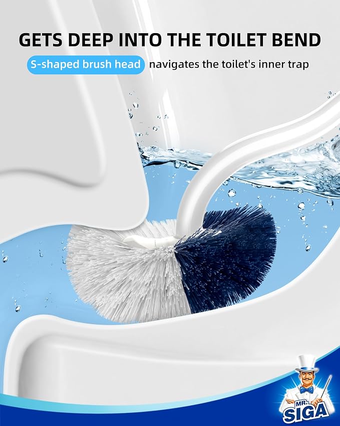 MR.SIGA Toilet Bowl Brush with Curved Design for Under Rim Deep Cleaning | Non scratch bristles easily clean hard to reach areas, 16.2 inch/41.1 cm long handle, semi-open ventilated base for quick dry