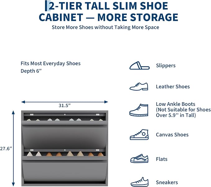 Garvee Slim Metal Shoe Cabinet with 2 Flip Drawers, Narrow Shoe Storage for Entryway, Wall Mounted or Floor Standing, Detachable Bottom Corners for Flexible Placement, Anti-Tip Safety Wall Mount