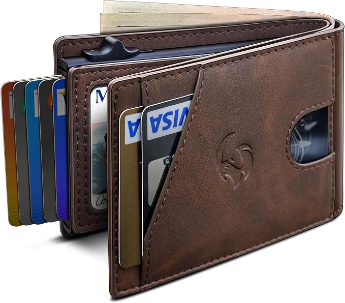 Wallet for Men, Slim Pop Up Card Holder with RFID Blocking, Minimalist Bifold Wallet with 9 Card Slots, ID Window and Cash Pocket, Metal Flip Case with Magnetic Closure, Gift Box