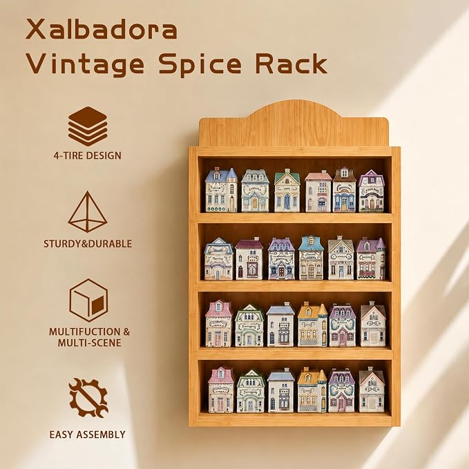 Farmhouse Spice Rack Wall Mounted, 4 Tier Wooden Spice Organizer Shelf for 24 House-Shaped Jars, Natural Wood Decorative Kitchen Shelf