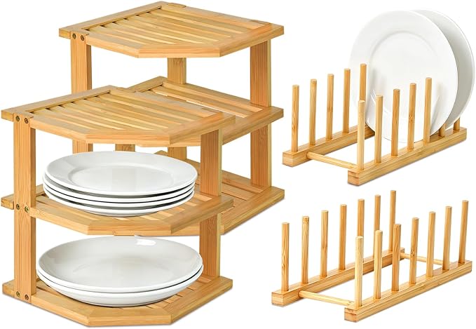 Bamboo Plate Organizer Set, 3 Tier Corner Shelf & Vertical Plate Rack,2 Set | Kitchen Cabinet Shelf,RV Countertop Dish Drying Rack,Cupboard Organizer for Plates,Bowls,Mugs,Cups,Lids,Cutting Boards