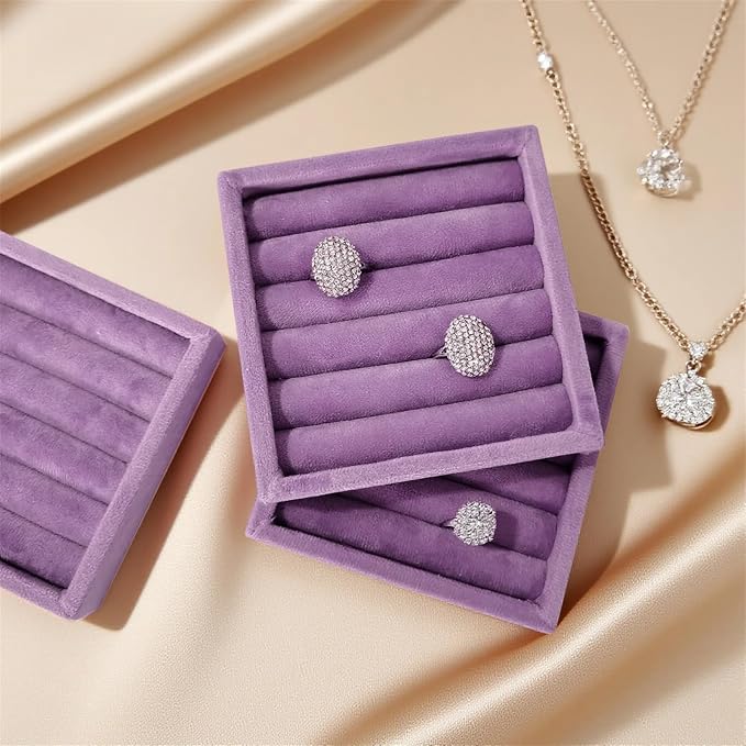 SCIKHETF Velvet 5 Slots Ring Earrings Trays Small Showcase Display Organizer Ring Holder for Women (Taro Purple)