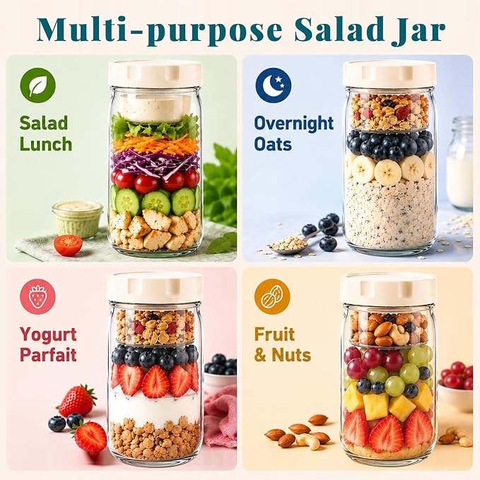 9Pack Salad Meal Prep Containers, 32oz Large Glass Salad Jars with Lids Meal Prep with 4 Forks, Leakproof Salad Container for Lunch with Separate Wet/Dry Dressing Cups for Home, Office and Outdoor