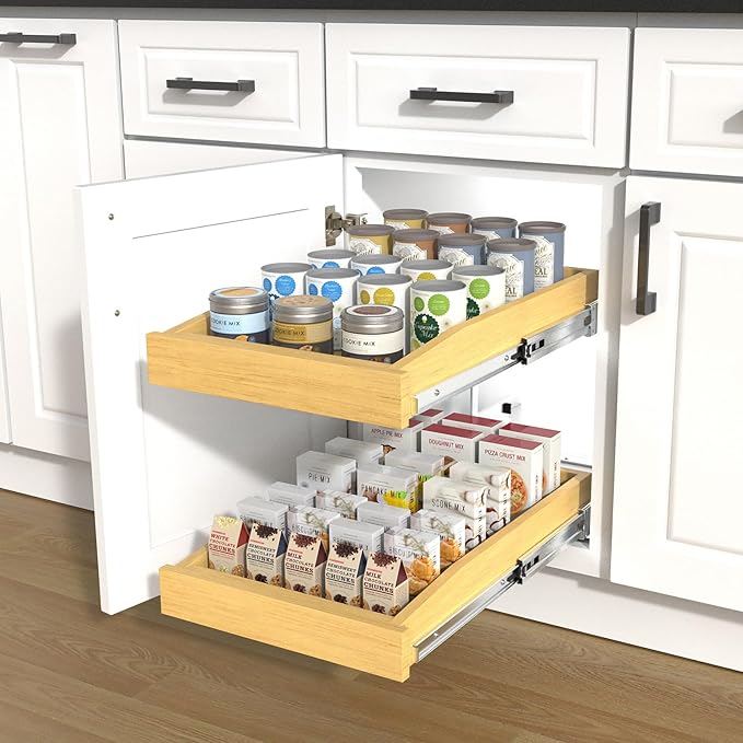 Wooden Soft Close Pull out Cabinet Organizer 26" D x 4.3" H, Heavy Duty Slide Out Drawers Pull-Out Home Organizers for Kitchen Cabinets (2 tier-26 * 21 in)