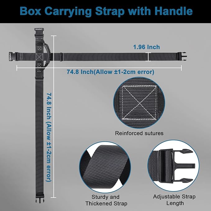 Box Carrying Strap with Handle Adjustable Straps for Battery Box Handheld Belt Carry Straps for Safely Moving and Lifting Heavy Boxes (Black, 74.8 Inch-Plastic Buckle)