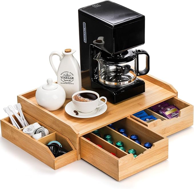 SOUJOY Bamboo 2 Drawer Coffee Pod Organizer with Side Box for K Cup Tea Bag | Space-Saving, Eco-Friendly, Natural Bamboo Organizer for Kitchen Counter, Coffee Bar, Office