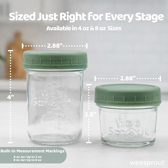 WeeSprout Glass Baby Food Storage Jars w/Lids (4 oz, 6 Pack Set) Snack, Puree, Reusable Small Containers, Breast Milk, Fridge or Freezer, Microwave & Dishwasher Safe, Essential Must Have for Infants