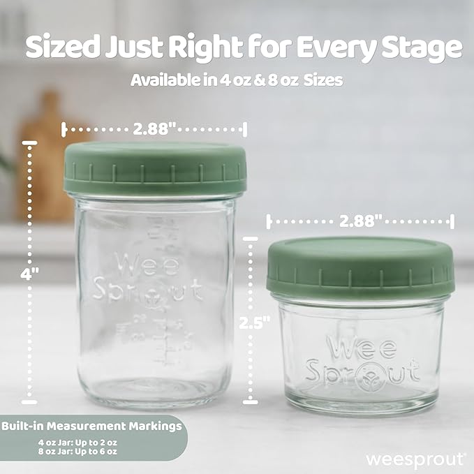 WeeSprout Glass Baby Food Storage Jars - 12 Set, 4 oz/8 oz Baby Food Jars, Plastic Lids, Freezer Storage, Reusable Small Glass Baby Food Containers, Microwave & Dishwasher Safe, for Infant & Baby Food