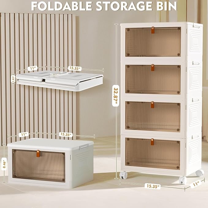 YFXCVSL 4 Tier Plastic Storage Bins with Lid 23.1QT, Stackable Storage Containers with Wheels, Folding Storage Boxes, Collapsible Storage Bins, Organizers and Storage for Living Room