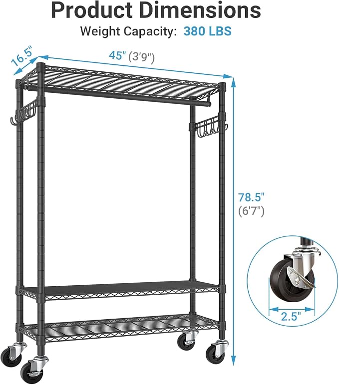 VIPEK R3C Plus Garment Rack - Rolling Clothes Rack with Locking Wheels, Heavy Duty Portable Closet with Adjustable Shelves & Side Hooks, Black
