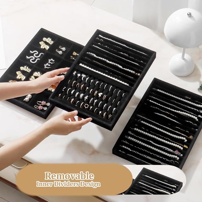 Large Jewelry Organizer for Drawer Insert Velvet Stackable Jewelry Trays for Earring Necklace Bracelet Ring Display (Black, Ring and 9 Grids)