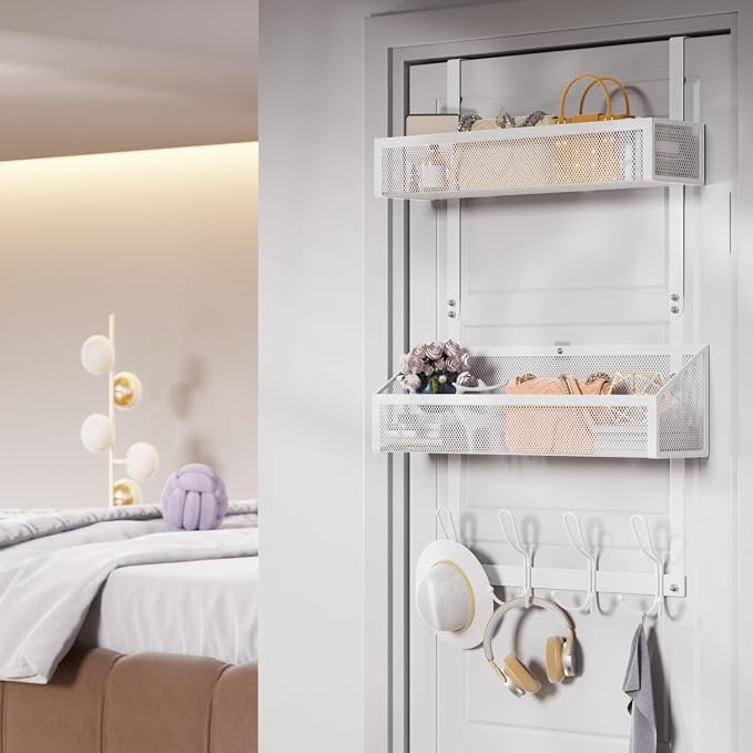12-Hook Over Door Organizer with 2 Mesh Baskets Space-Saving 2-Tier Hanging Rack for Towels, Coats & Pantry Items, Heavy Duty Metal Storage for Bathroom, Kitchen & Bedroom, White