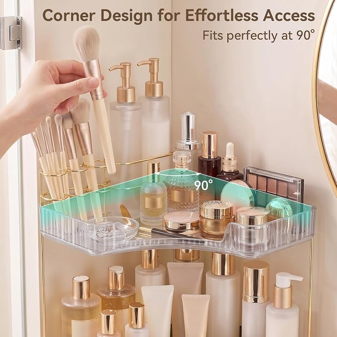 2-Tier Corner Bathroom Counter Organizer with Makeup Brush Holder, Clear | Large Makeup Organizers for Vanity, Corner Bathroom Countertop Organizer for Cosmetic Perfume Skincare Storage