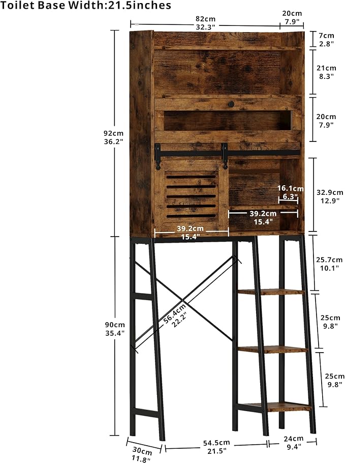IRONCK Over The Toilet Storage Cabinet with Sliding Barn Door | 5-Tier Farmhouse Bathroom Organizer with Side Open Shelves, Freestanding Space Saver, Adjustable Shelf, Vintage Brown