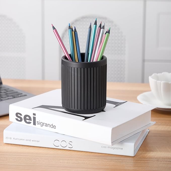 Aotea Crafts - Concrete Modern Industrial Pen Holder for Desk - Aesthetic Minimalist Charcoal Black Pencil Holder for Desk- Handcrafted Cement Fluted Pen Cup Organizer - Sealed & Durable