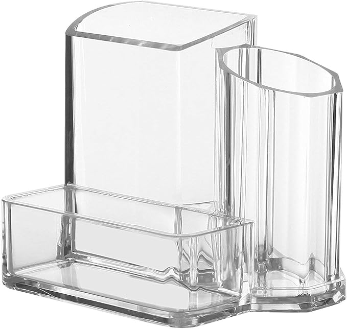 Sooyee Acrylic Desk Supplies Cosmetic Organizer Holder, 3 Compartment Office Desktop Caddy, Multi-function Pen Pencil Cup Phone Remote Control Stationery Storage Box for Home, School, Classroom, Clear | Acrylic Desk Supplies Cosmetic Organizer Holder, ...