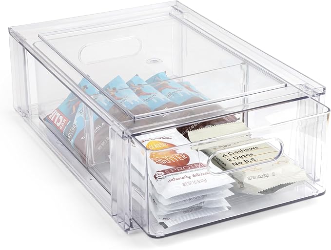 Smart Design Pull-Out Stackable Storage Bin with Removable Dividers - Small - 12.5" D x 8.35" W x 4.13" H - Clear