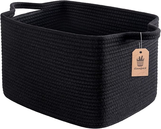 Goodpick Woven Storage Baskets for Organizing, Cotton Rope Organizer for Living Room Bedroom, Black Laundry Basket with Handles, Stylish Gift Baskets for Baby Boys, 13"x10"x9"