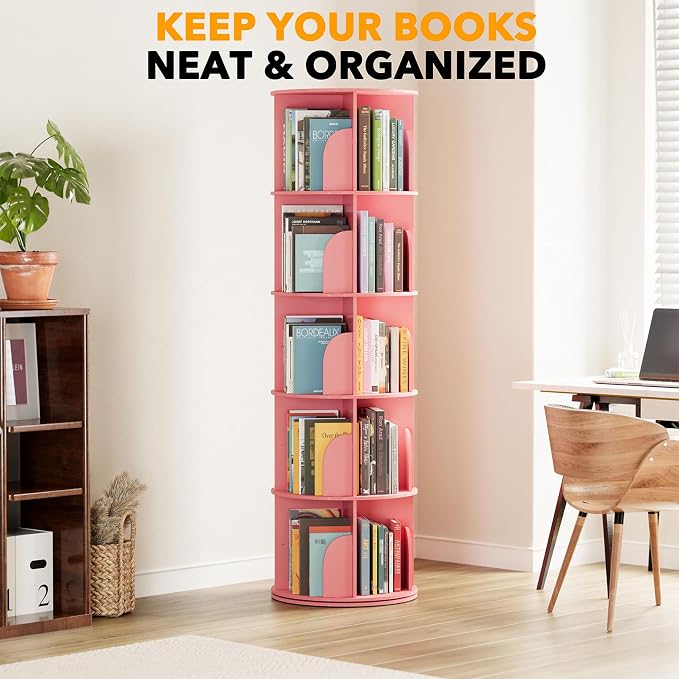SpaceAid 5 Tier Rotating Bookshelf Tower, Spinning Bookcase Lazy Susan, Revolving 360 Book Shelf Storage Round Carousel, Vertical Rotate Turning Spiral Corner Organizer, Pink