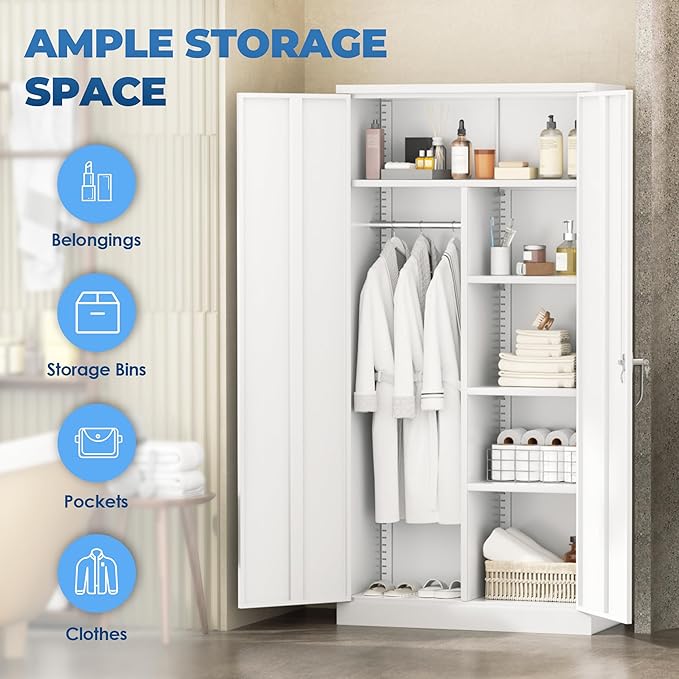 INTERGREAT Wardrobe Cabinets with Locking Doors and Shelves, Clothing Locker 72“ X 32“ X 16“ Storage Cabinets for Home Room, School, Employee,Gym (White)
