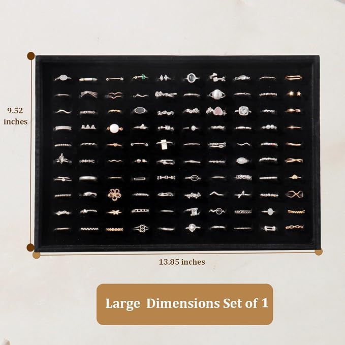 Large Jewelry Organizer for Drawer Insert Velvet Stackable Jewelry Trays for Earring Necklace Bracelet Ring Display (Black, Ring 100 Slots)