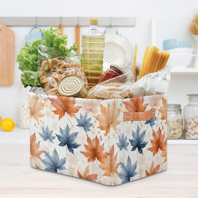 Rectangular Storage Bins Blue Orange Maple Leaves Collapsible Fabric Storage Basket Organizer with Handles for Nursery Bedroom Bathroom