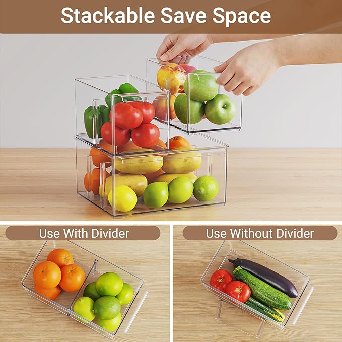 Clear Plastic Storage Bins with Dividers for Fridge Pantry Organizers and Storage Containers, 6 Pack Acrylic Stackable Sturdy Storage Boxes for Home Edit and Cabinet Organizers 6" High, C6-3