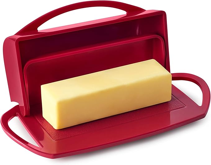 Better Dish Flip Top Butter Dish with Attached Lid - Holds 2 Sticks, Fits Kerrygold/European Butter - BPA Free & Dishwasher Safe - Red