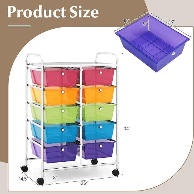RELAX4LIFE Rolling Storage Cart with 10 Drawers - Craft Storage Cart with Lockable Wheels,Utility Cart, Art Cart Organizer for Crafting Storage, Studio, Office, School Rolling Drawer Cart (Rainbow)