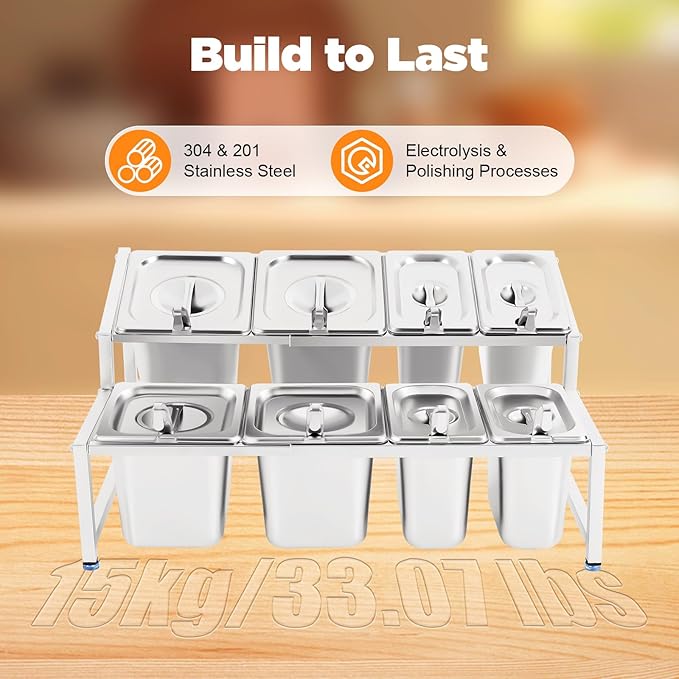 Expandable Spice Rack, Countertop Condiment Stand Holder with Pans and Lids,Stainless Steel Organizer Shelf for Seasonings Sauces Side Dishes Fruits Kitchen Pantry (4*1/9 Pans + 4*1/6 Pans)