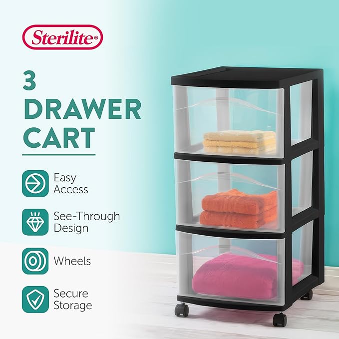 Sterilite 6 Pack 3 Drawer Storage Cart, Plastic Medium Organizer with Wheels, Black - Multipurpose Bin for Crafts, Accessories, or Office Supplies