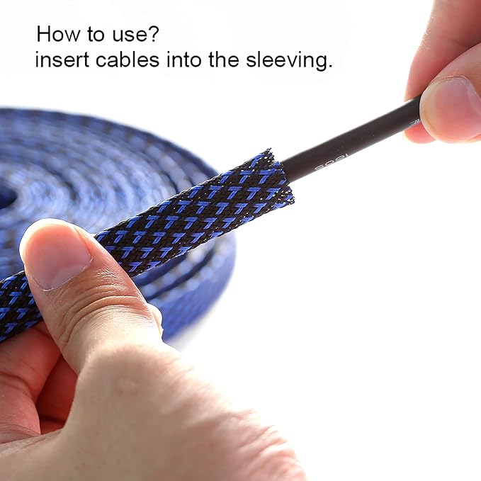 25ft - 1/4 inch PET Expandable Braided Sleeving – BlackBlue – Alex Tech Braided Cable Sleeve