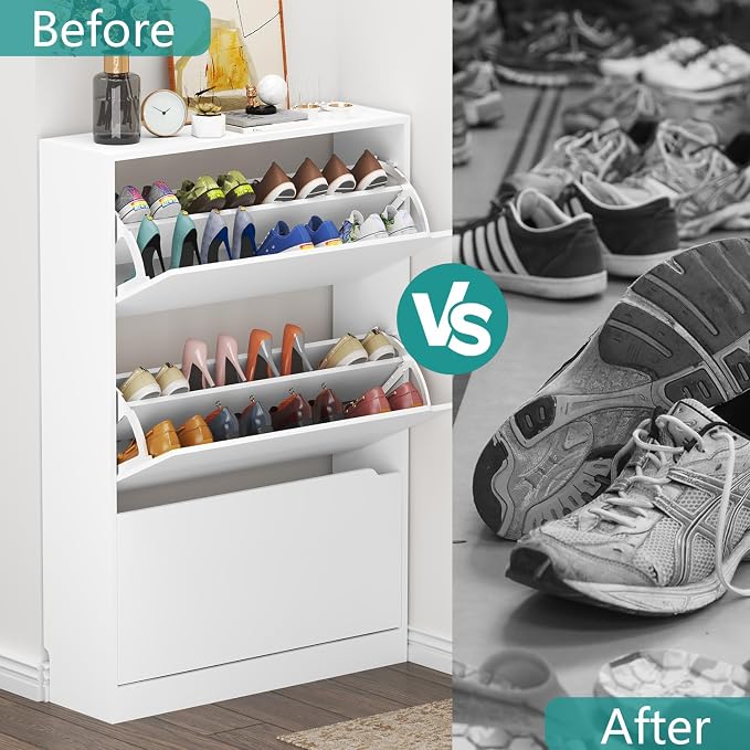 Wodeer Narrow Shoe Cabinet for Entryway, Slim Shoe Storage Cabinet with 3 Flip Drawers, Hidden Wood Shoe Cabinet Storage, Freestanding Shoe Rack Organizer Foyer, Hallway, White