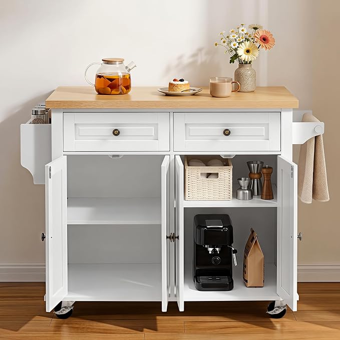 VEVOR Kitchen Island Cart with Storage, 43.7 in Wide Mobile Rolling Storage Island on Swivel Wheels, with 2 Drawers, Storage Cabinet, Spice/Towel Rack, Hooks, Table for Home Dining Room, White