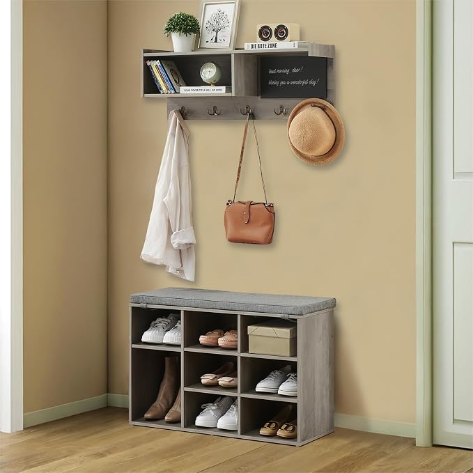 Entryway Shoe Bench with Coat Rack, Cushioned Storage Seat with Cubbies, Shoe Rack Bench for Front Door Entrance, Hall Tree with Hooks, Blackboard & Extra Storage for Entryway, Hallway & Living Room
