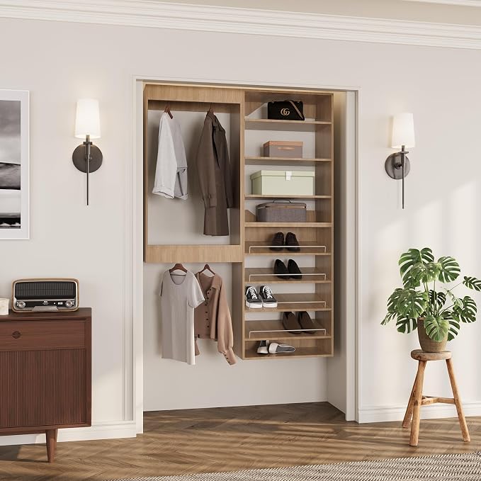 ROOMTEC Modular Closet System, 46" Wall Mounted Closet Organizer with Hanging Rods and Shoe Shelf, Wooden Tower for Walk-In Closets, Wardrobe Storage Kit, Wood