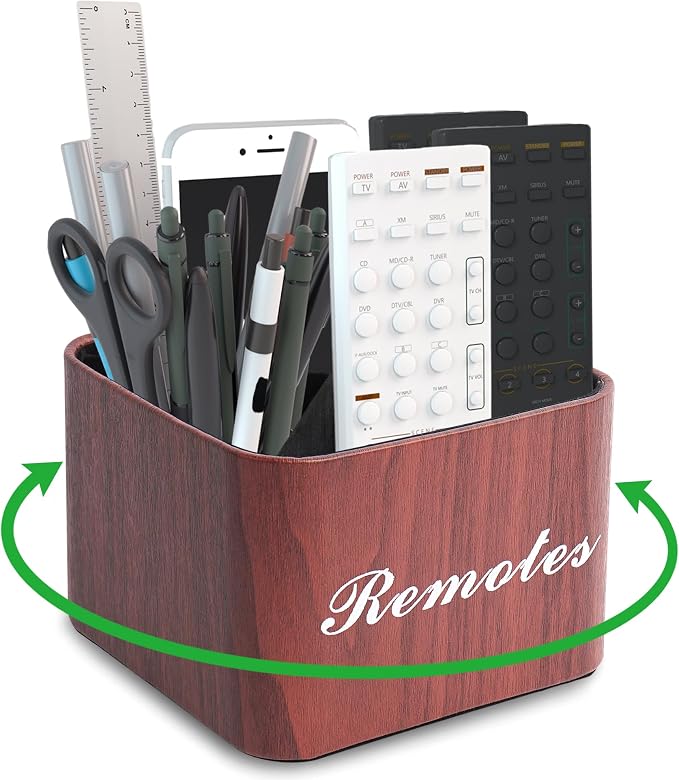 Square Leather Art Supply Organizer,Remote Control Holder with Removable Dividers,360°Rotatable Pencil Holders,4 Compartments Organizer for Office Supplies Storage Box(1-Light Brown)