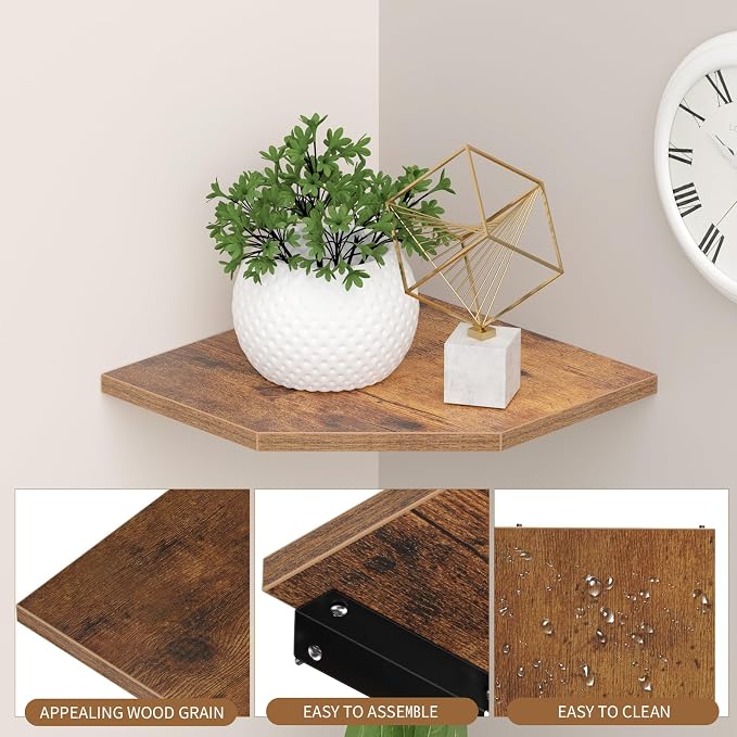 JJL Corner Wall Shelf, 10.4 Inch Wooden Corner Shelves, Set of 2 Floating Shelf for Wall Storage, Wall Mount Corner Shelves for Room Decoration, Rust Brown