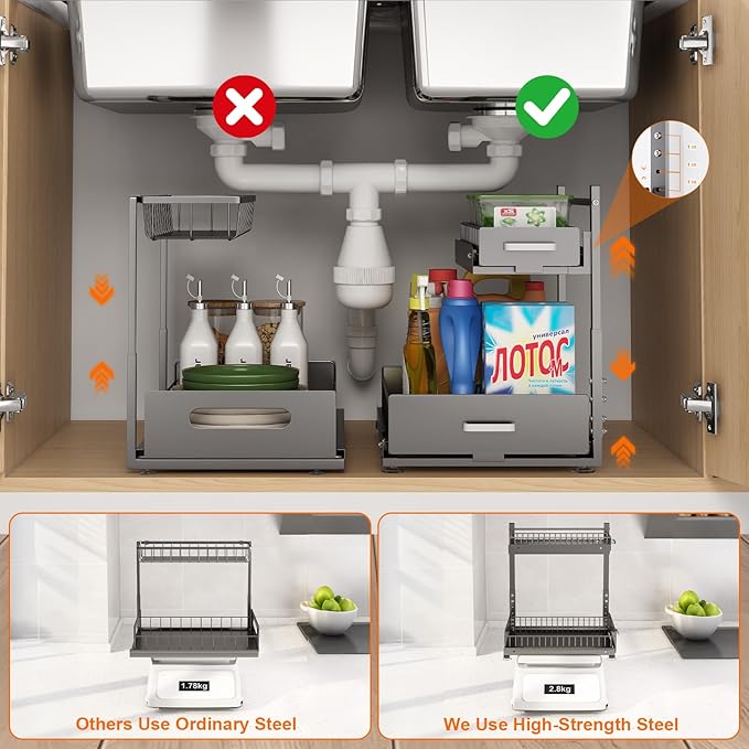 Under Sink Organizer,2 Tier Slide Out Kitchen Cabinet Organizers with Pulley,Under Bathroom Sink Pull Out Organizer with Multiple Height Adjustments for Kitchen and Bathroom Cabinets-Gray