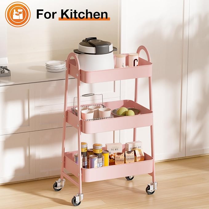 NEWBULIG 3-Tier Metal Rolling Cart with Lockable Wheels, Heavy Duty Mobile Utility Storage Shelf, Roller Book Snack Cart, Organization for Livingroom, Bathroom, Office, Pink