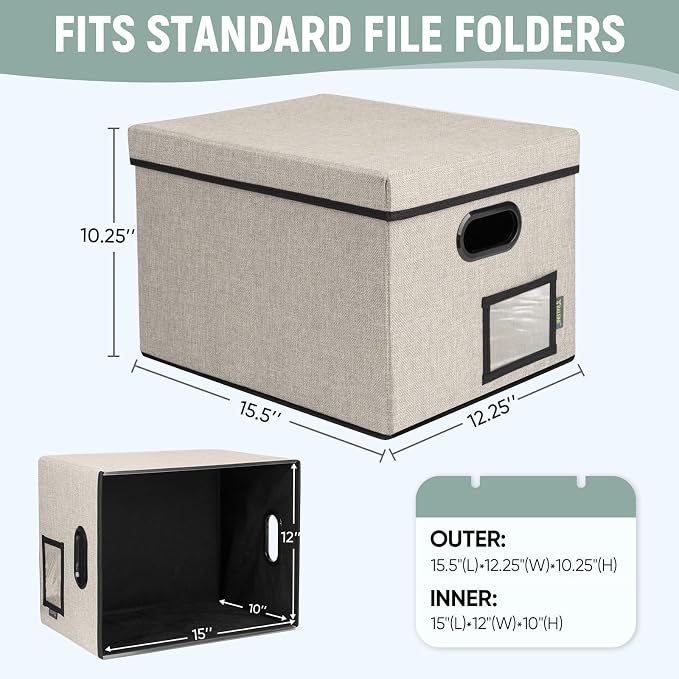 BALEINE File Organizer Box with Lid, Collapsible File Folder Organizer with Plastic Slide, Filing Box for Office Home Document Organizer Storage (Beige, 4PK)