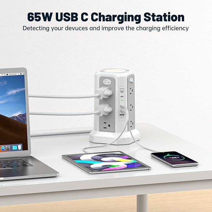 PASSUS PD 65W USB C Fast Desktop Charging Station Tower Power Strip | Surge Protector, 12 Widely Spaced AC Outlets, 4 USB C, 1 USB A, 10FT Extension Cord Overload Protection