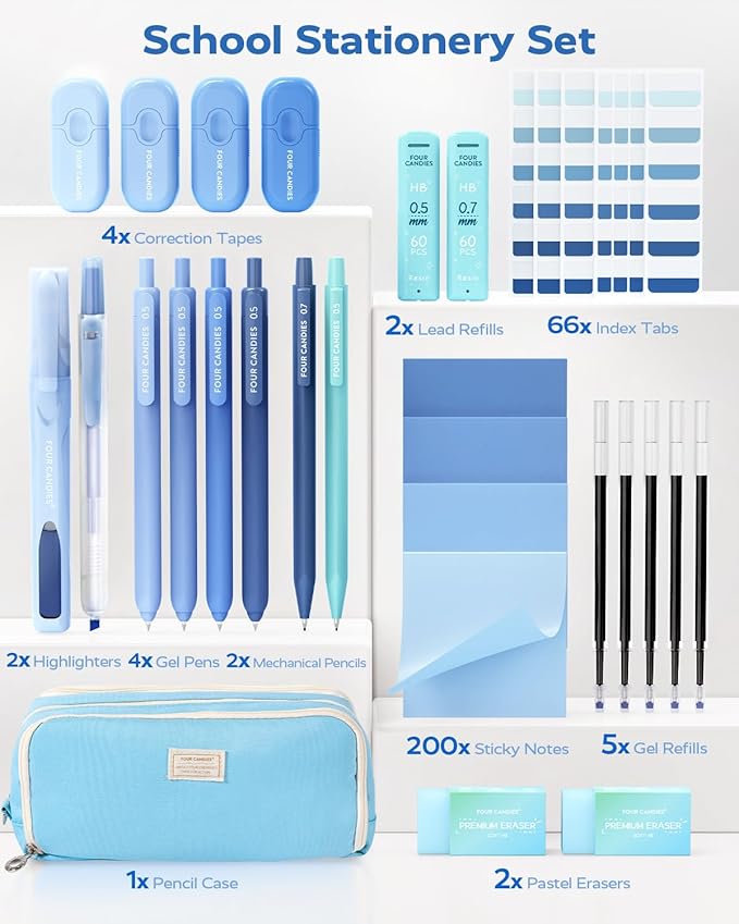 Four Candies Blue School Supplies, Gel Pens with Black Ink, Correction Tapes,Pastel Highlighters, Mechanical Pencils, Sticky Notes, Index Post for Bible Study Stationary College Essentials