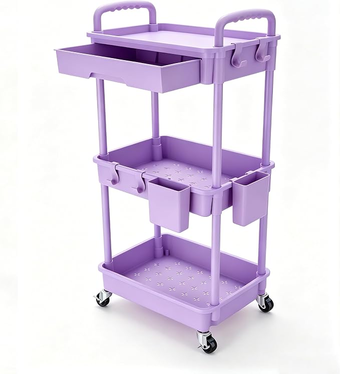 REBECAT 3 Tier Rolling Cart with Drawer, Utility Storage Cart on Wheels for Kitchen, Bathroom, Living Room,Office(Purple)